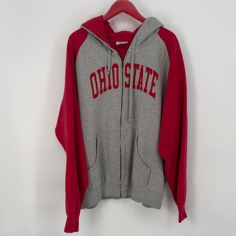 🦚 OSU Majestic Gray and Red Ohio State full zip Hoodie